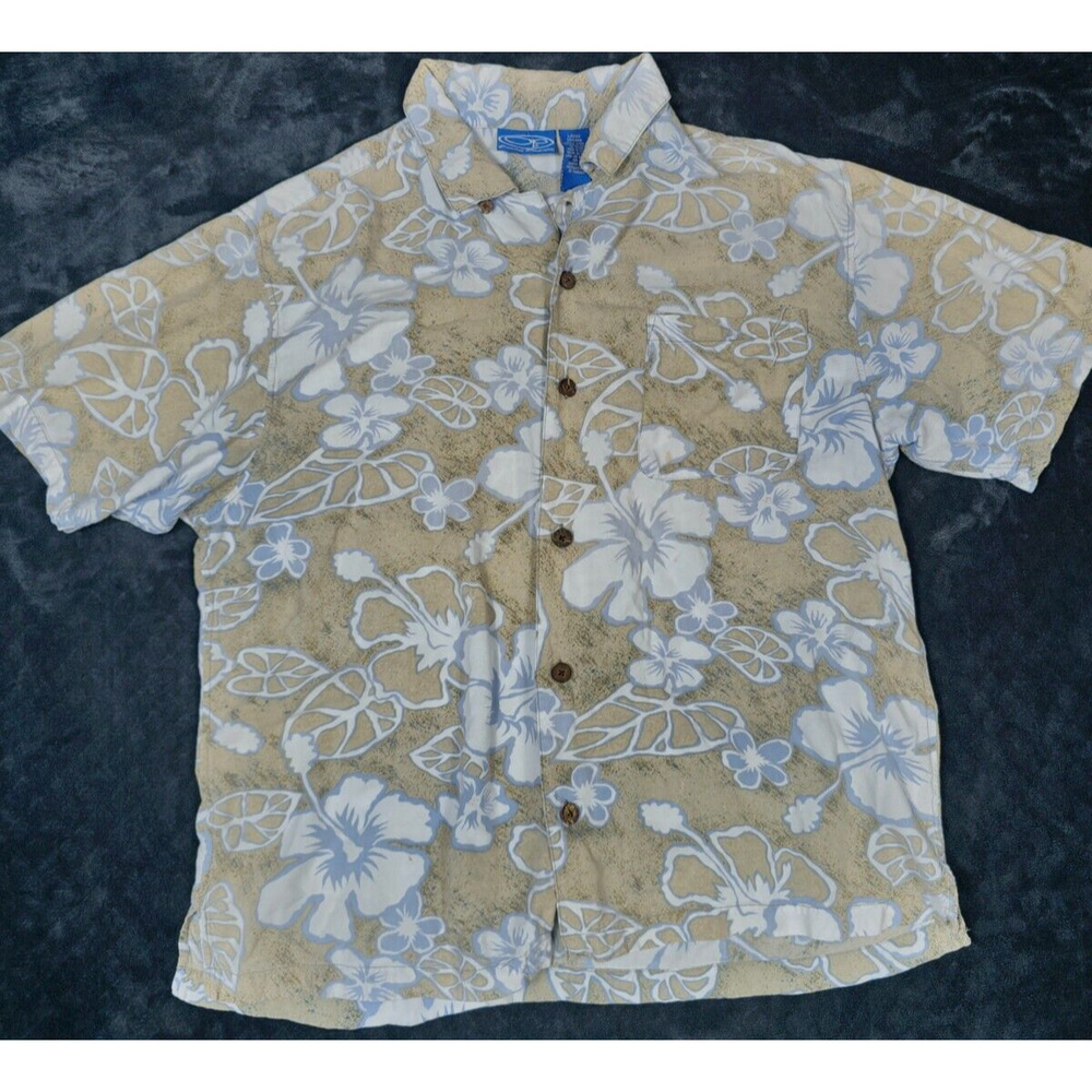 OP Ocean Pacific Hawaiian Shirt Mens Large Floral Button Down Tan White VINTAGE